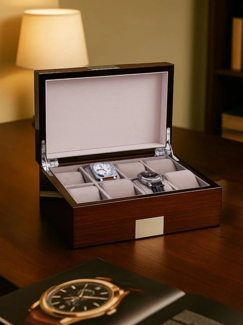 Bey-Berk Lacquered Walnut 8 Slot Watch Box Solid Wood Display Case